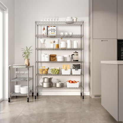 Seville Classics UltraDurable Heavy Duty NSF Solid Steel Wire Rack Storage Unit Wheels, 6-Tier Shelving, 48" W x 18" D