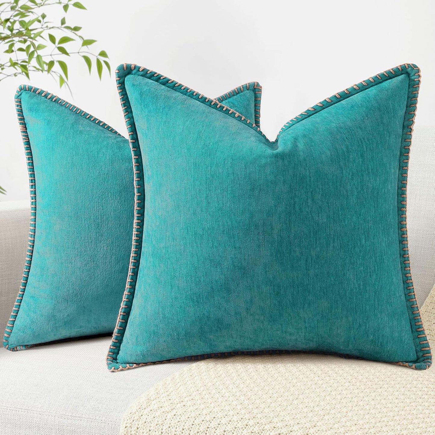 decorUhome Chenille Soft Throw Pillow Covers 24x24 Set of 2, Farmhouse Velvet Neutral Decorative Euro Pillow Covers with Stitched Edge for Couch Sofa Bed Home Decor, Turquoise