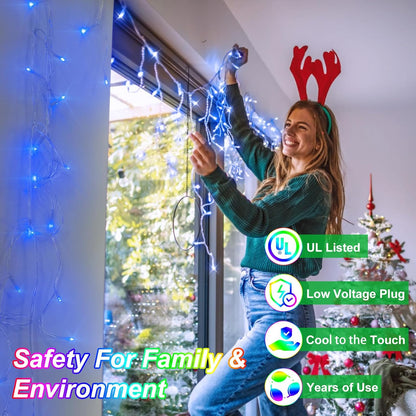 792 LED Christma Lights with 176 Drops, 82ft Outdoor Hanging lights with 8 Modes & Timer Memory, Outsite Waterproof Curtain String Lights for Front House Fence Tree Holiday Decorations Decor Blue