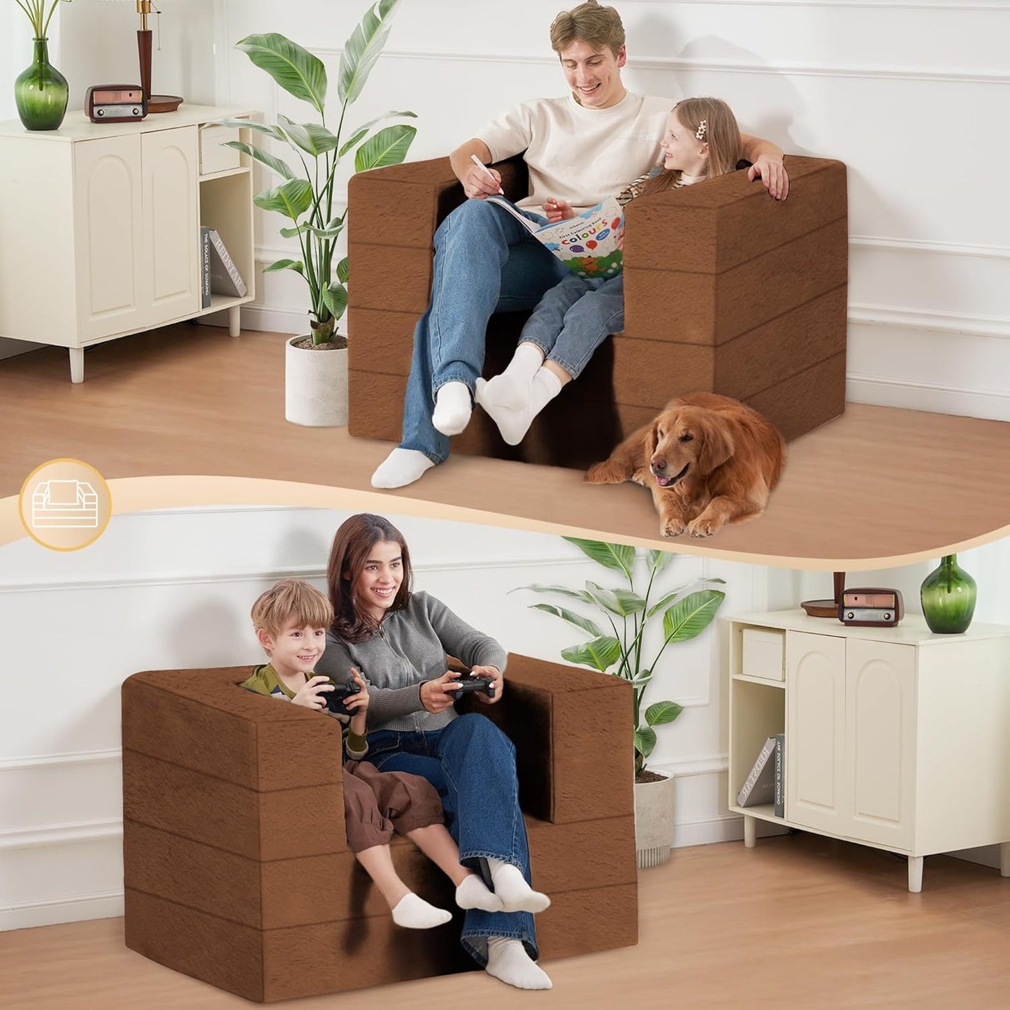 Folding Bean Bag Chair for Adults,3-in-1 Bean Bag Couch Faux Fur Floor Sofa Large Beanbag Convertible Bean Bag Sofa Bed with Pillow in Bedroom,Living Room,Apartment(Twin,Caramel)