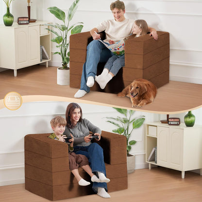 Folding Bean Bag Chair for Adults,3-in-1 Bean Bag Couch Faux Fur Floor Sofa Large Beanbag Convertible Bean Bag Sofa Bed with Pillow in Bedroom,Living Room,Apartment(Twin,Caramel)