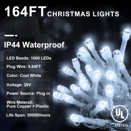 KNONEW 164FT 1600 LED Christmas Lights Outdoor Decoration White Timer 8Modes Hanging Fairy String Lights with 320 Drops, Plug in Waterproof Indoor Decor for Holiday Wedding Party Window Garden