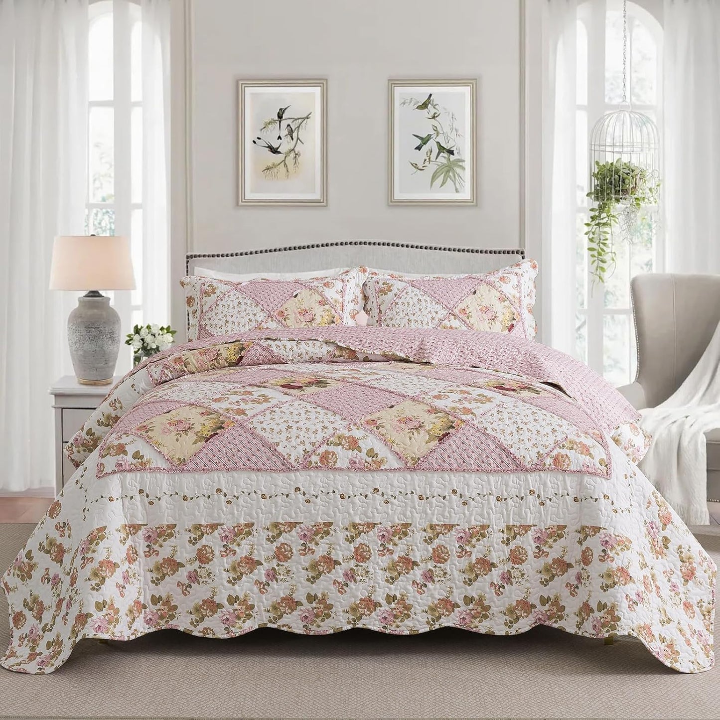 NEWLAKE Quilt Set King Size, Bedspread Sets Pink Botanical Floral, Reversible Quilt Bedding Set Lightweight and Breathable for All Seasons, Soft Quilted Bedspread with 2 Pillow Shams