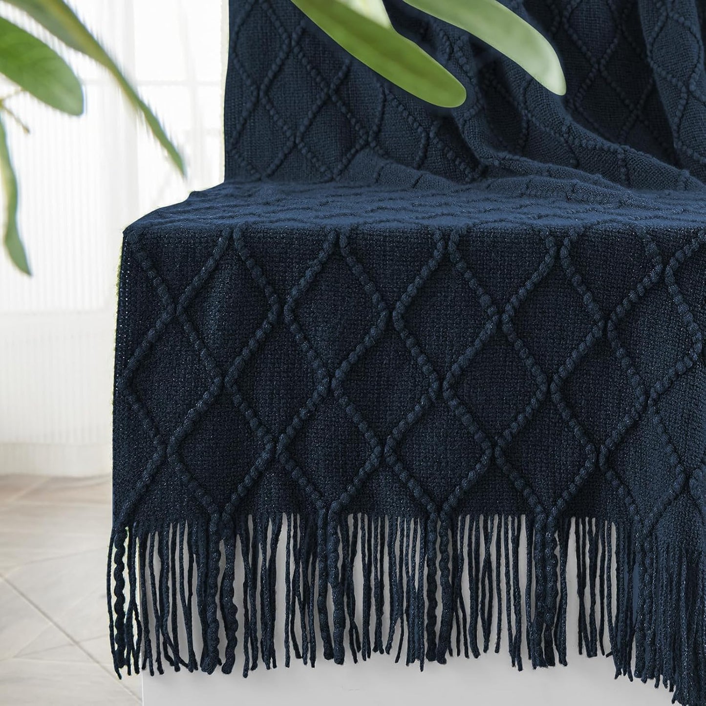 inhand Knitted Throw Blankets for Couch and Bed, Soft Cozy Knit Blanket with Tassel, Dark Blue Lightweight Decorative Blankets and Throws, Farmhouse Warm Woven Blanket for Men and Women, 50"x60"