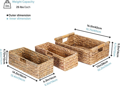 VATIMA Large Water Hyacinth Storage Baskets for Organizing with Wooden Handles for Shelves, 2 Bathroom Small Basket, Water Hyacinth Toilet Paper Baskets, Set of Natural Wicker Storage Basket for Home