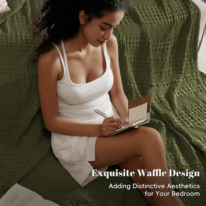 PHF 100% Cotton Waffle Weave Blanket Queen Size, Soft Lightweight Breathable Cozy Summer Blankets for Bed, Luxury Aesthetic Woven Bedding for Home Decor, 90"x90", Capulet Olive