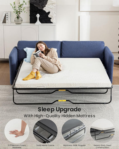 Queen Pull Out Sofa Bed, 2-in-1 Convertible Sleeper Sofa Couch with Memory Foam Mattress – Space-Saving Sofa Bed Queen for Living Room & Guest Room, Navy Blue