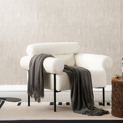 Modern Accent Chair, Boucle Sofa Accent Chair for Living Room, Upholstered Sherpa Mid-Century Modern Armchair, Oversized Reading Chair with Channel Tufted for Bedroom, Office, White