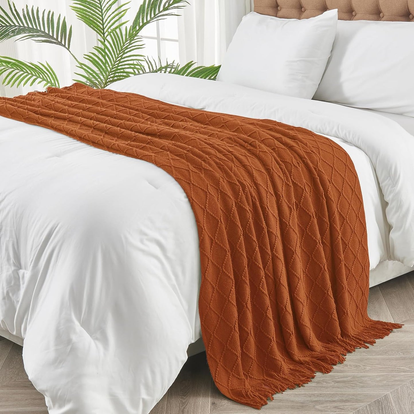 inhand Knitted Throw Blankets for Couch and Bed, Soft Cozy Knit Blanket with Tassel, Orange Rust Lightweight Decorative Blankets and Throws, Farmhouse Warm Woven Blanket for Men and Women, 60"x80"