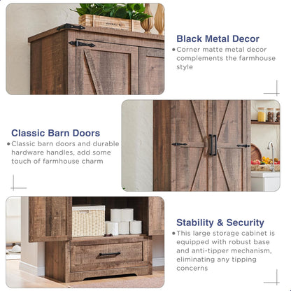 Farmhouse Kitchen Pantry Cabinet - 72" Tall Wood Kitchen Storage Cabinets with Adjustable Shelves & 2 Barn Doors & Drawer, Versatile Storage for Dining Room, Bathroom, Utility Room, Light Brown