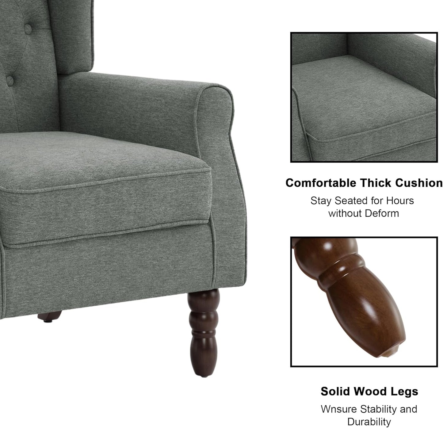 Accent Chair, Upholstered Armchair with Button Tufted High Back & Solid Wood Legs, Comfy Wingback Reading Single Sofa Chair for Small Spaces, Living Room, Bedroom (Grey, Set of 1)