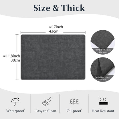 FROMHEART Faux Leather Placemats Set of 12–Waterproof,Heat/Oil Stain-Resistant PU Table Mat–Reversible,Non-Slip,Easy to Clean Place Mats for Kitchen,Dining,Indoor/Outdoor,(Dark Grey,11.8" x 17")