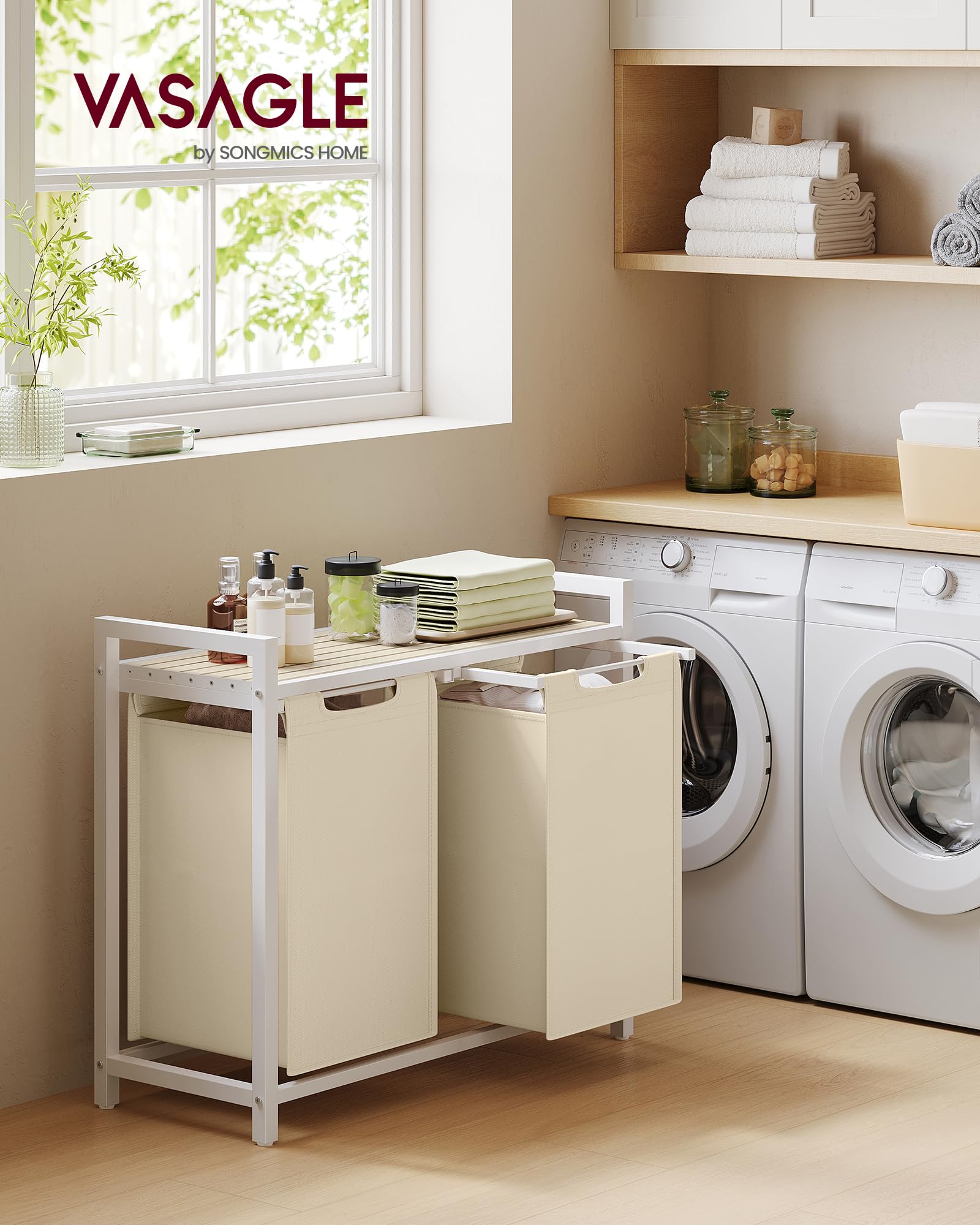 VASAGLE Laundry Hamper, Laundry Basket Sorter with 2 Pull-Out and Removable Bags, Shelf, Metal