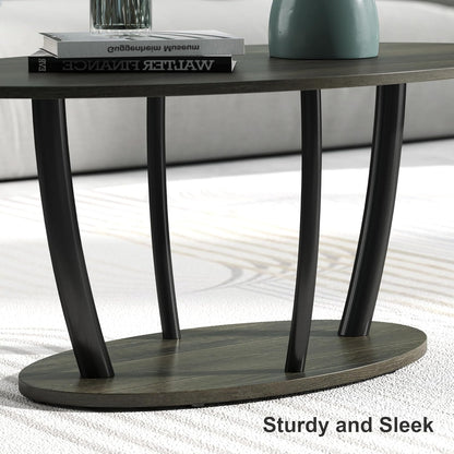 Manora Small Oval Coffee Table with Storage, Rustic Farmhouse Industrial Center Table for Living Room, VintageTea Table for Small Spaces, Gray