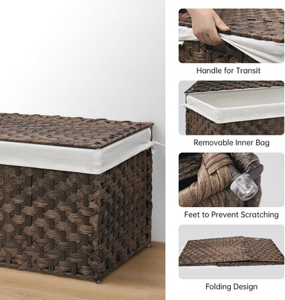 Wicker Storage Basket with Lid, 17.2 Gallon (65L) Small Blanket Basket with Lid, Woven Storage Bin with Handles, Removable Liner, Metal Frame, Foldable, for Bedroom, Laundry Room, Brown