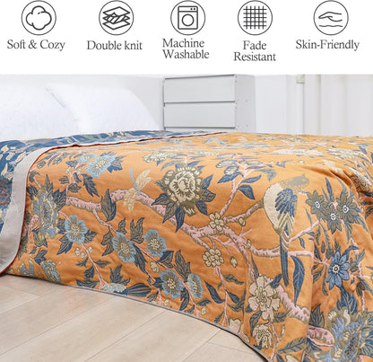 Snycler Boho Throw Blanket for Bed - 100% Cotton Ultra Soft Rustic Quilt Blanket Orange Bird Floral Printed Farmhouse Decor Bed Blankets, 80"×90" All Season Rustic Throw for Sofa Couch Chair