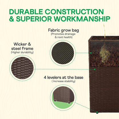 IDZO All Weather Wicker Planter Raised Garden Bed, 24 in Tall Round Rattan Flower Pots, Durable Self-Watering Indoor Outdoor Wicker Planters for Porch Patio Balcony