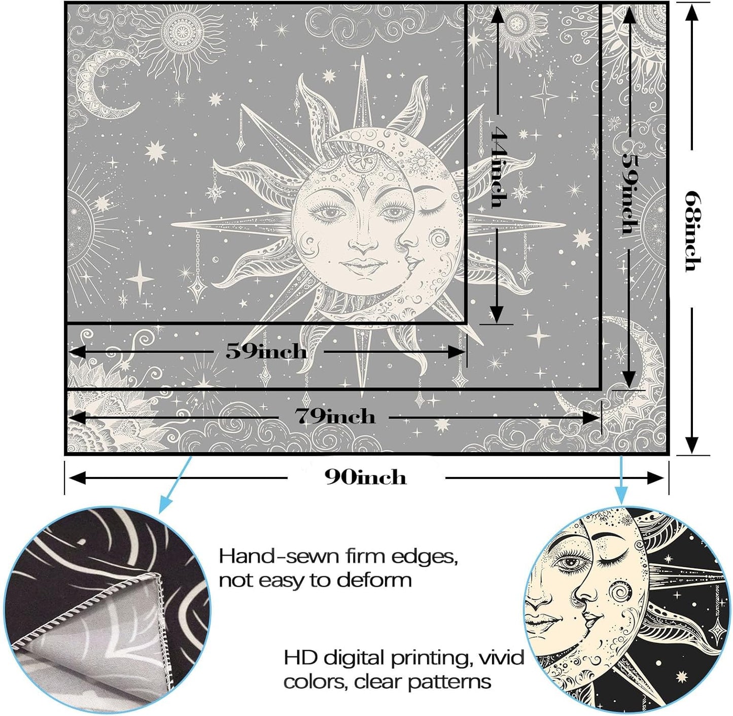 Lunerfex Sun and Moon Tapestry Mandala Wall Tapestry, Vintage Tapestries for Bedroom Ceiling Tapestries Wall Hanging for Bedroom Living Room Decor Sun-2 60"x80"