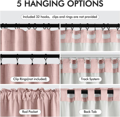 MIULEE 100% Blackout Curtains 90 Inch Long 2 Panels for Bedroom, Thick Luxury Faux Linen Black Out Curtain Room Darkening Back Tab Pleat Window Textured Drapes with Hooks for Living Room, Baby Pink