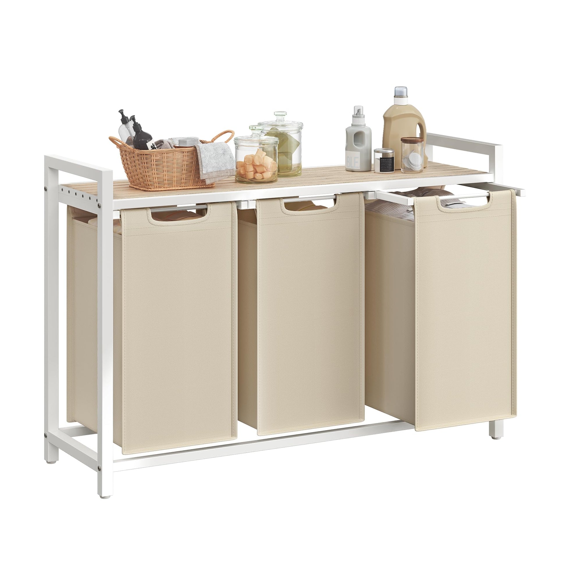VASAGLE Laundry Hamper, Laundry Basket Sorter with 3 Pull-Out and Removable Bags, Shelf, Metal