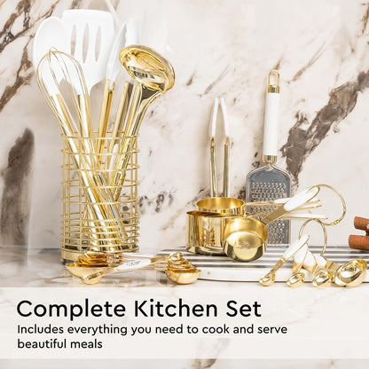White and Gold Kitchen Utensils Set - 23-Piece Gold Kitchen Accessories Include Measuring Cups and Spoons Set, Silicone Utensils, and Utensil Holder for Baking, Cooking, and Stylish Kitchen Decor