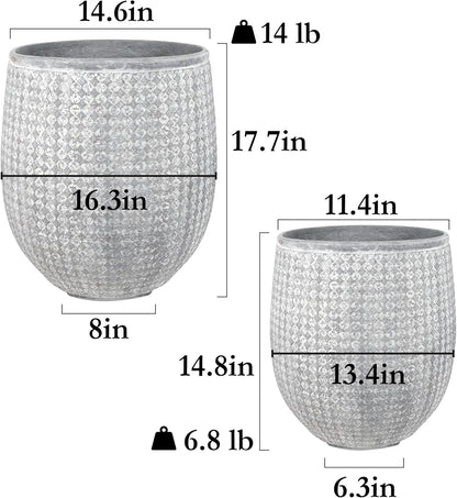 Worth Garden Large Round Planters Set of 2 (14.5"x17.5" & 12" x15“) - Lightweight Magnesium Oxide Cement Plant Pot with Texture - Grey Concrete Look with Drainage Hole – Indoor & Outdoor Use