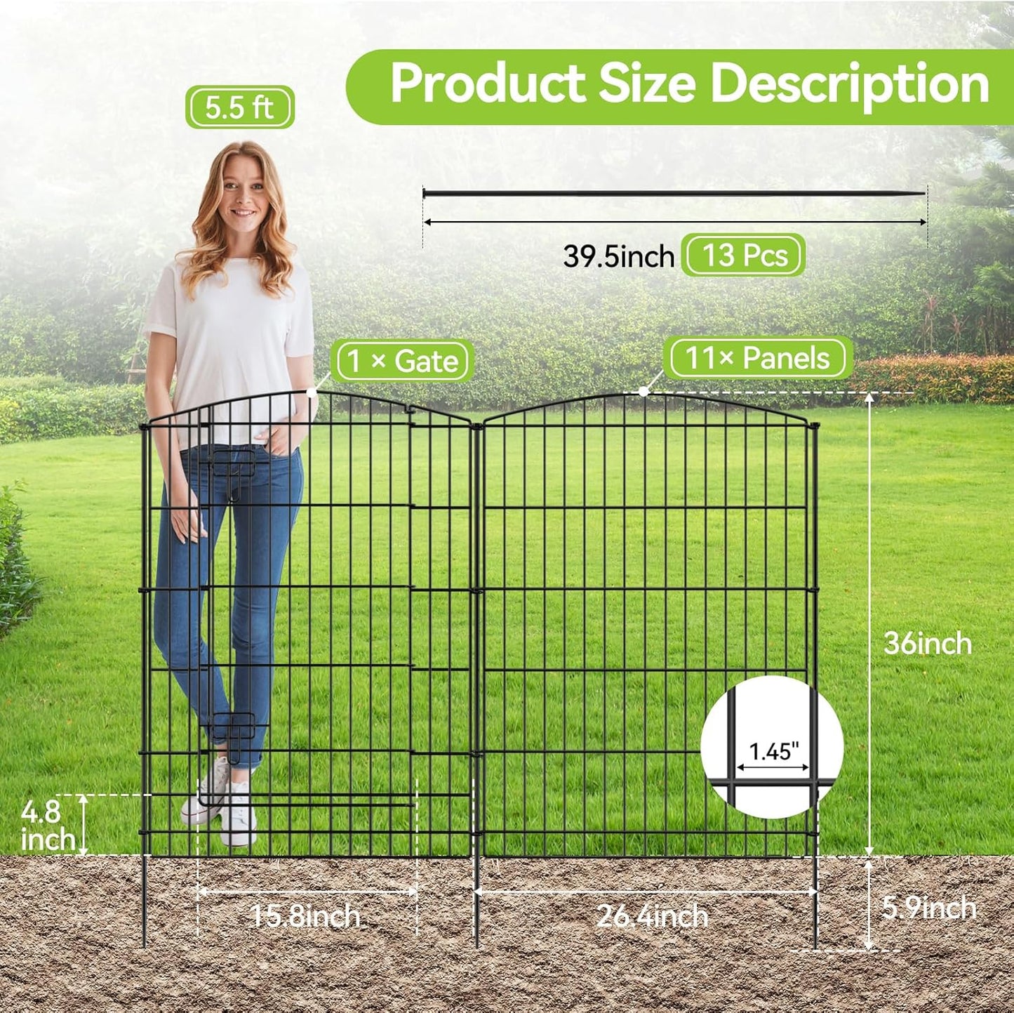 INJOPEXI Decorative Garden Fence 12 Panels 26ft (L)×36in (H) Garden Fences with 11 Panels + 1 Gate, No Dig Animal Barrier Rabbit Fencing Rustproof Metal Wire Temporary Dog Fence for Patio Outdoor Yard