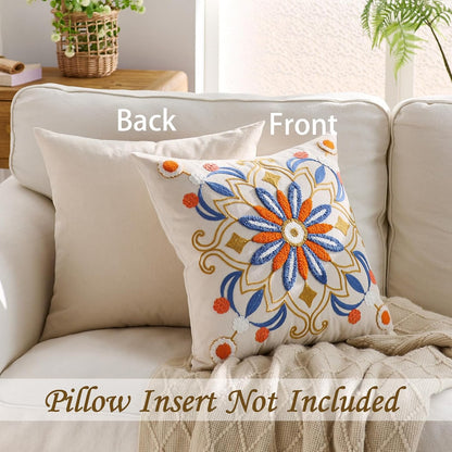 Embroidered Throw Pillow Cover 18x18 Classic Boho Floral Pattern Pillows Cover Outdoor Decorative Pillowcase,Durable Cozy Textured Cushion Case for Sofa Couch Bed Living Room,Orange Blue