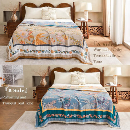 Boho Blanket, 100% Cotton Farmhouse Decorative Throw Blanket, 50"x60" Reversible Bohemian Throw Blanket, Brown All Season Muslin Breathable Woven Blankets Quilt