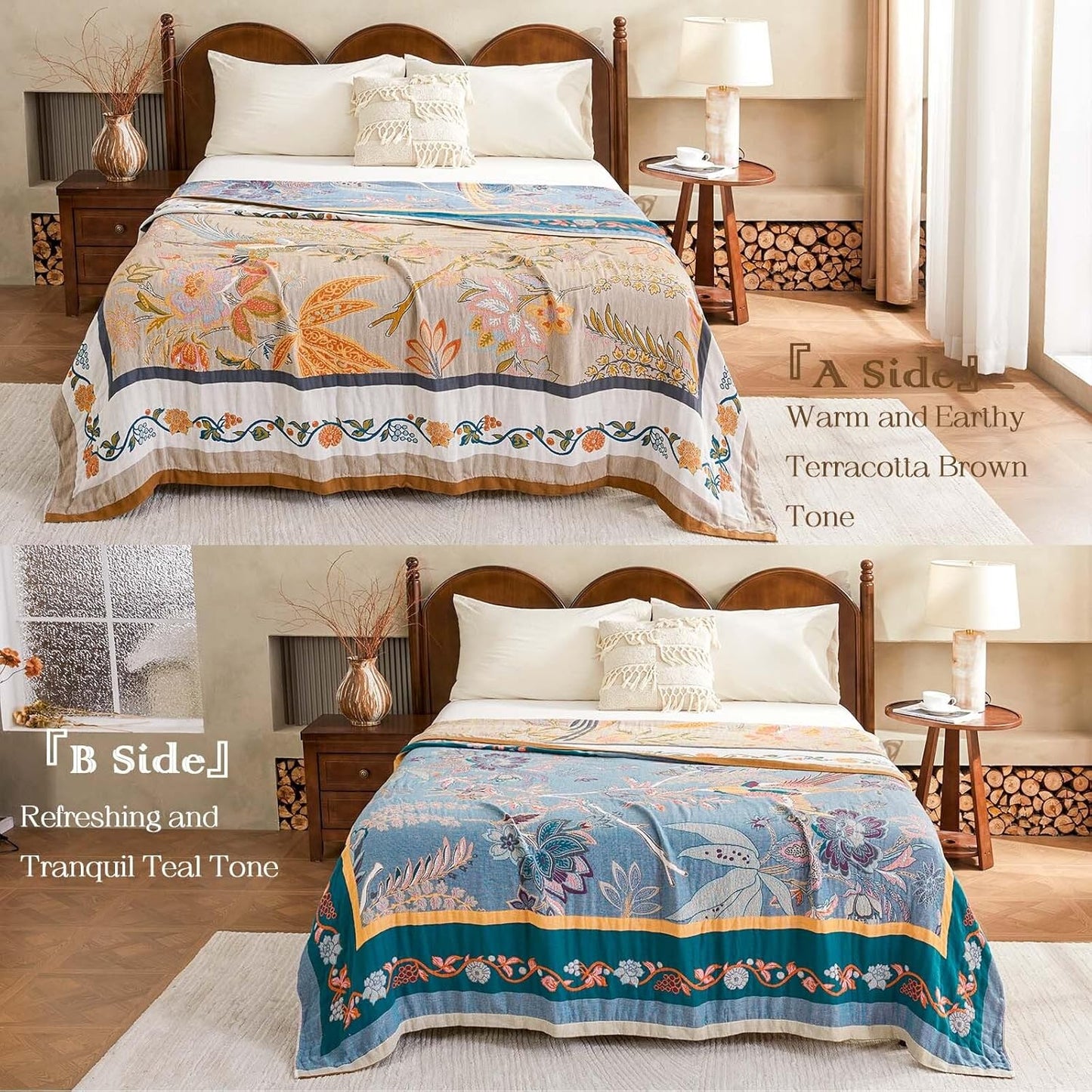 Boho Blanket, 100% Cotton Farmhouse Decorative Throw Blanket, 80"x90" Reversible Bohemian Throw Blanket, Brown All Season Muslin Breathable Woven Blankets Quilt