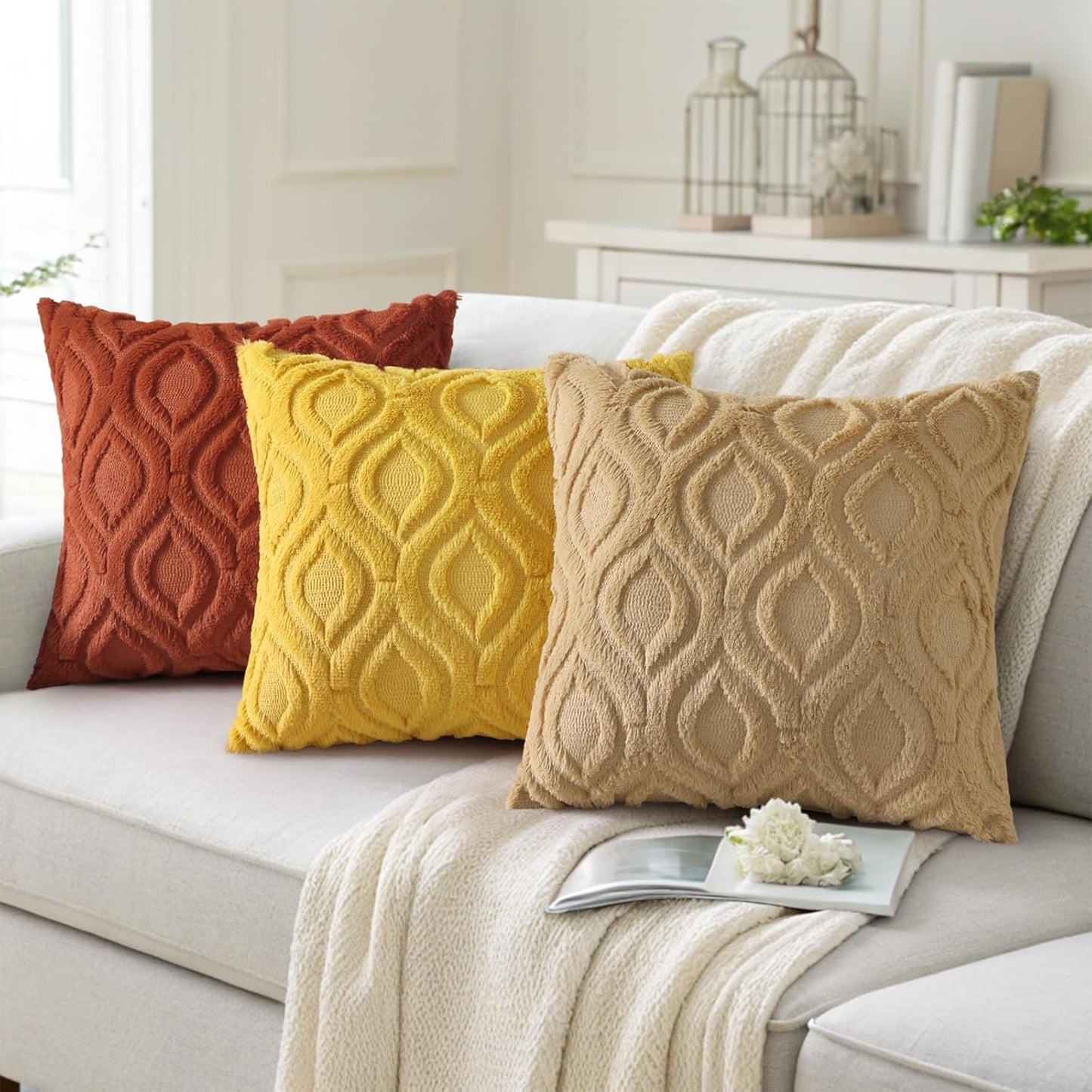 decorUhome Fall Throw Pillow Covers 18x18 Inch Set of 2, Soft Plush Decorative Faux Fur Rust Solid Couch Pillow Covers, Accent Farmhouse Neutral Square Euro Pillow Cases for Sofa Bed Living Room