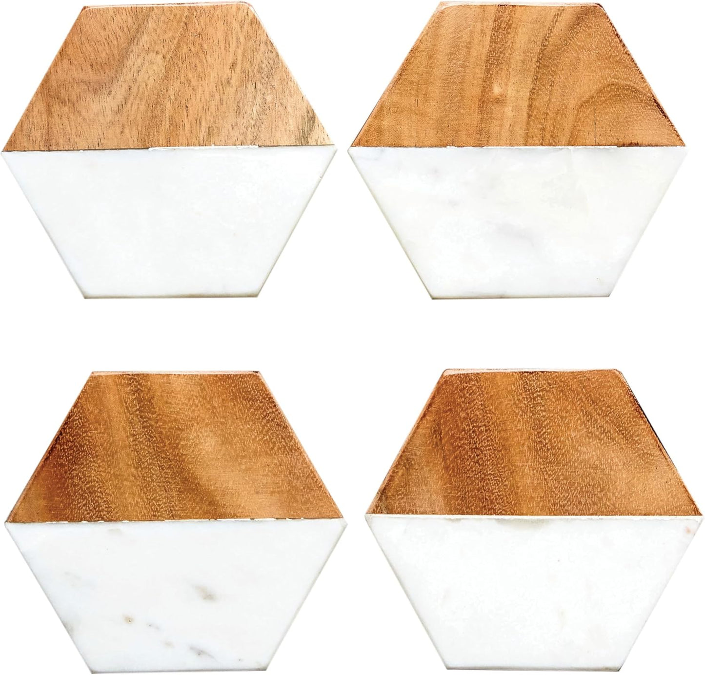 Creative Co-op Marble & Mango Wood Hexagon Coasters (Set of 4 Pieces)