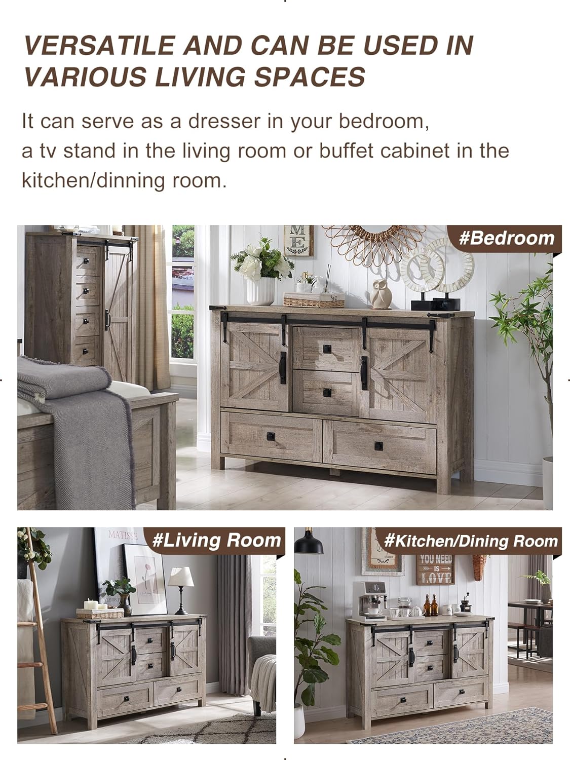 T4TREAM 48'' Farmhouse Dresser for Bedroom w/4 Drawers & Sliding Barn Doors, Tall Chest of Drawers, Rustic Dresser TV Stand w/Shelf, Organizer for Bedroom, Living Room, Foyer,Light Rustic Oak