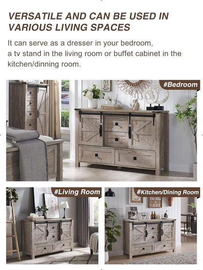 T4TREAM 48'' Farmhouse Dresser for Bedroom w/4 Drawers & Sliding Barn Doors, Tall Chest of Drawers, Rustic Dresser TV Stand w/Shelf, Organizer for Bedroom, Living Room, Foyer,Light Rustic Oak