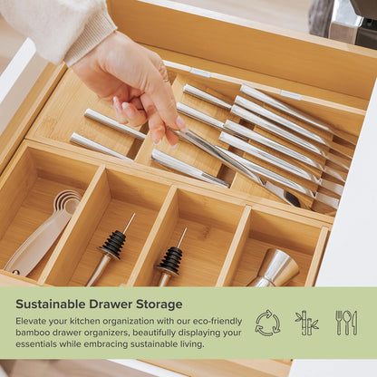 Premium Silverware and Utensil Drawer Organizers – Slanted 3-Compartment and 5-Compartment Design, Labeled Slots, Non-Slip Feet, 100% Sustainable Bamboo, 2 Pack