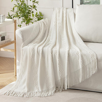 MIULEE Off White Knitted Throw Blanket for Couch Textured Knit Blanket with Tassels Cozy Woven Boho Bed Blanket for Sofa Bed Chair Acrylic Wave Pattern 50"x60"