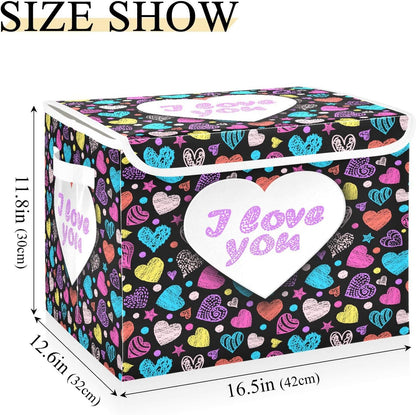 susiyo Colorful Valentines Heart Dark fabric storage baskets with lids,Collapsible Storage Boxes,Foldable storage boxes with handles for Home,Office,Closet Organization