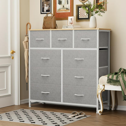 Sweetcrispy 9 Drawer Fabric Dresser Storage Tower Organizer, Light Grey