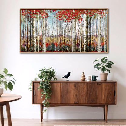 Large Framed Wall Art for Living Room Birch Tree Wall Decor Red Forest Painting Artwork Wall Decoration Nature Pictures Wall Art Fall Above Bed Wall Decor
