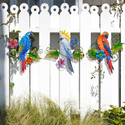 Metal Colorful Parrots Wall Art, 12 Inches Parrot Large Hanging Outside Decoration 3 Pack, Metal Bird Wall Decoration, Decor Outdoor Decorations for Yard, Garden Ornaments Patio Outside Porch Decor