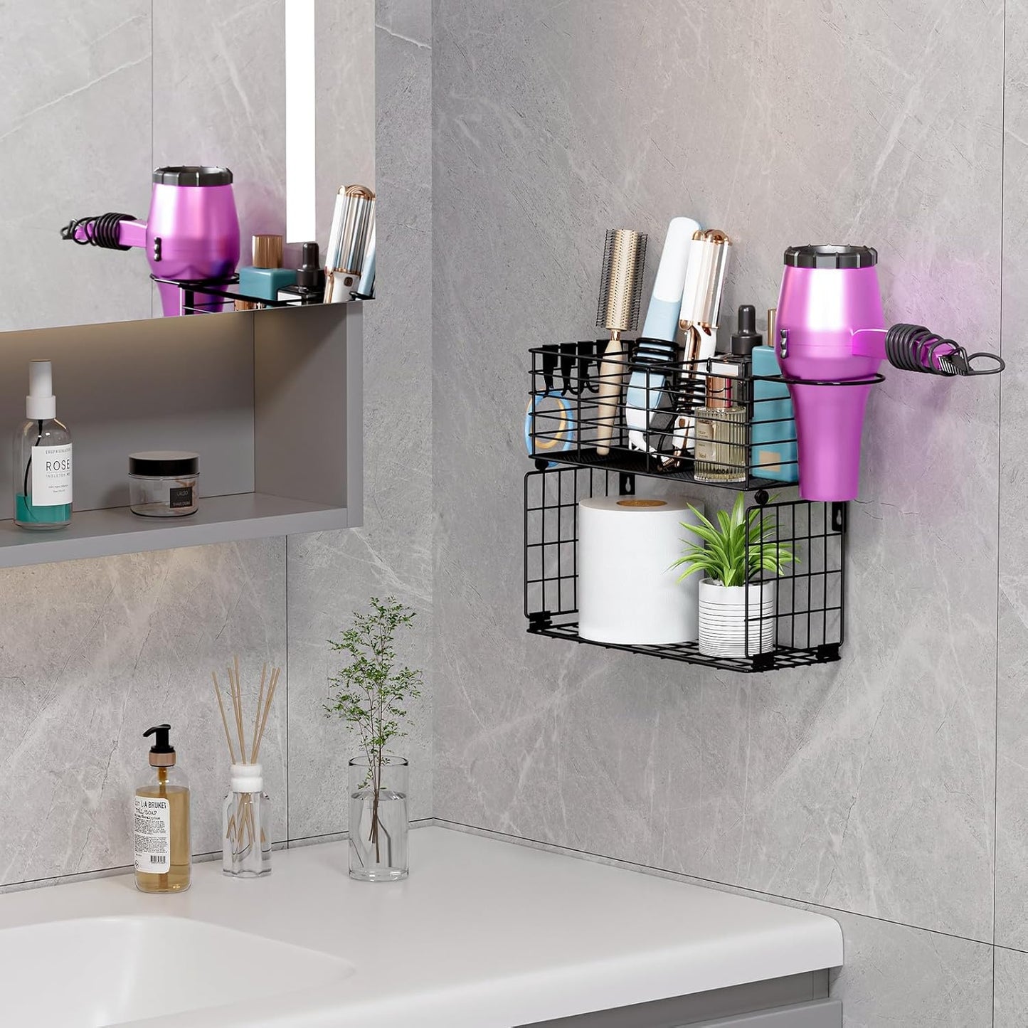 VITVITI Metal Hair Tool Organizer with Toilet Paper Basket, Bathroom Blow Dryer Curling Iron Holder Wall Mount, 2 Tiers Styling Tools Organizer for Straightener with Hooks, Black