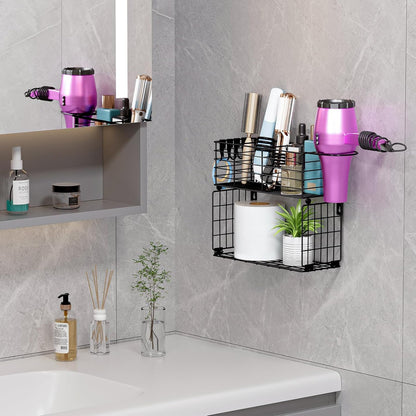 VITVITI Metal Hair Tool Organizer with Toilet Paper Basket, Bathroom Blow Dryer Curling Iron Holder Wall Mount, 2 Tiers Styling Tools Organizer for Straightener with Hooks, Black