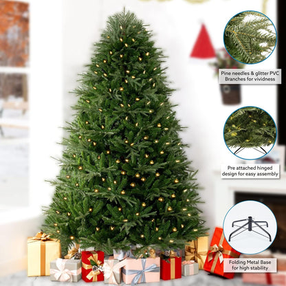 Camden 7.5ft Prelit Artificial Christmas Tree with Foot Pedal, 2755 Branch Tips, 600 Warm Lights and Metal Stand, 58" Wide Realistic Hinged Christmas Tree with Lights by Naomi Home