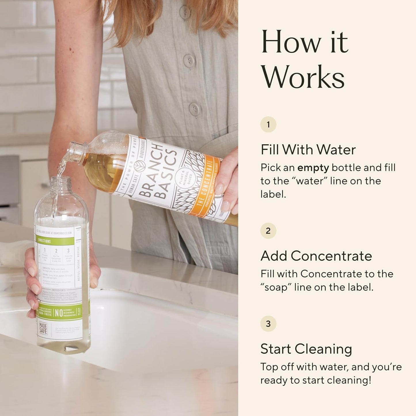 Branch Basics Premium Starter Kit: All Purpose, Glass, and Bathroom Cleaner plus our Foaming Wash, and Laundry Bottle (3 Plastic Spray Bottles + Concentrate) Fragrance-Free