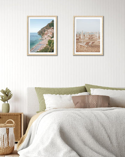HesenDot Natural OAK Wood Framed Italian Positano Beach Wall Art,12x16in Amalfi Coast Canvas Wall Print,Summer Coastal Landscape Poster Wall Decor for Living Room,Bedroom,Office Gallery Set of 1