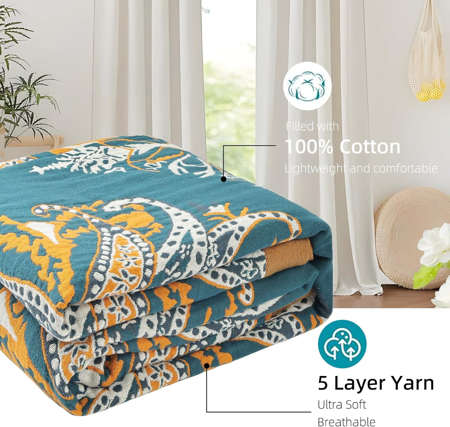 Boho Throw Blanket for Bed - 100% Pure Cotton Ultra Soft Rustic Quilt - Farmhouse Decor Bed Blankets, All Season Rustic Throw for Sofa Couch Chair(60"×80", Boho Floral)