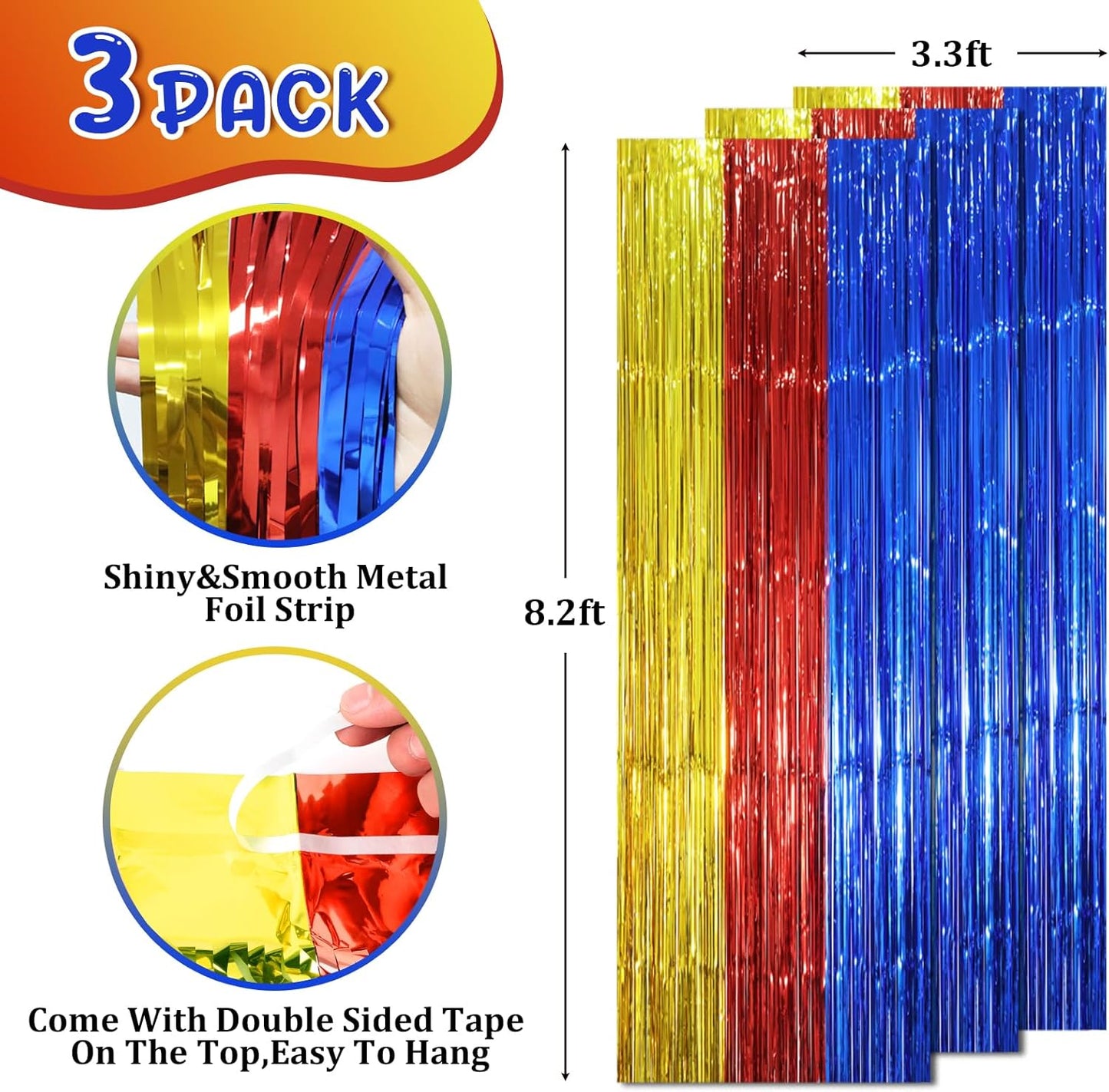 3 Pack 3.3 x 8.2 ft Blue Red Gold Foil Fringe Backdrop Curtains, Tinsel Streamers Party Decorations, Fringe Backdrop, Door Shimmer for Birthday Party