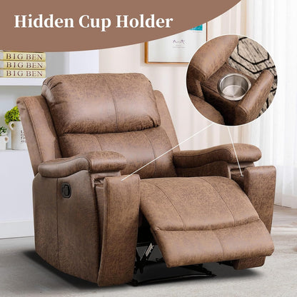EBELLO Recliner Chair, Single Overstuffed Sofa Recliner, Breathable Faux Leather Manual Reclining Chairs with Hidden Cup Holder, Arm and Back for Adults, Living Room, Bedroom, Light Brown