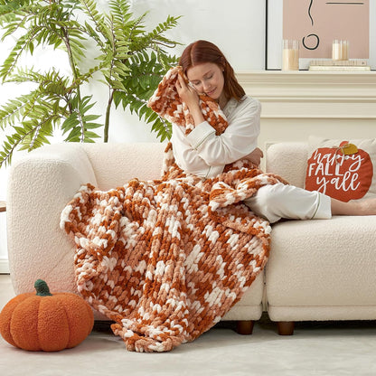 Amélie Home Chunky Knit Throw Blanket for Couch, Soft Chenille Crochet Blanket for Sofa, 50"x60", Space-Dyed Burnt Orange