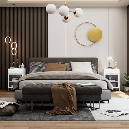 Modern Metal Side Tables Set of 2, End Tables with Glass Door, 2-Tier Nightstands with Storage Shelves, Accent Table, Slim Sofa Table for Living Room, Bedroom (White)